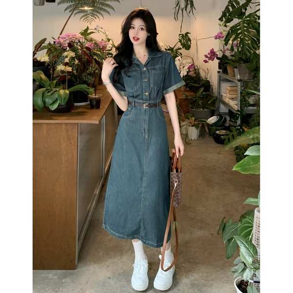 Slimmer Đầm denim Dáng Dài Phong Cách Hồng Kông Thời Trang Mùa Hè 2023 Mới Bán Chạy Siêu hot