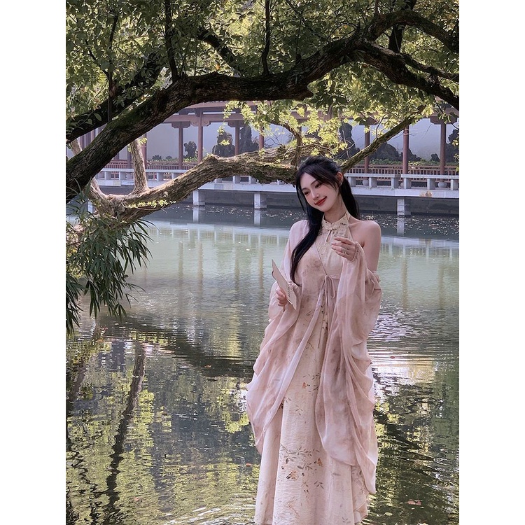 Jinghua Shuie 2023 Sườn Xám Cách Tân + Áo Khoác cardigan Hai Mảnh Phong Cách Trung Hoa Mới Mùa Hè