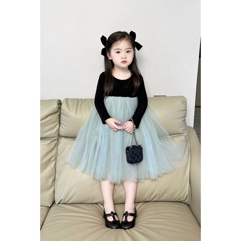 Đầm Công Chúa Tay Dài Phồng Phối Lưới Mềm Thời Trang Mùa Thu 2023 Cho Bé Gái