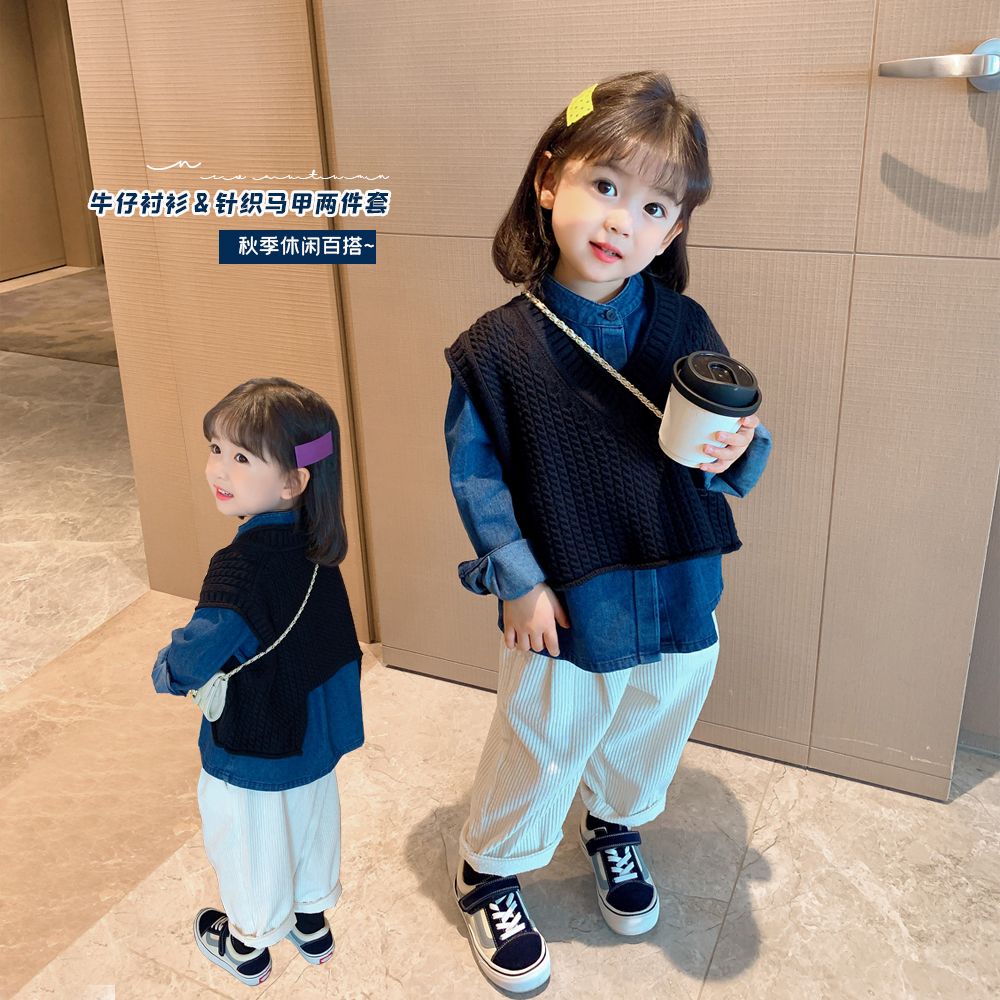 Bộ Áo Sơ Mi denim + Áo Khoác Jean Thời Trang Xuân Thu Cho Bé Gái