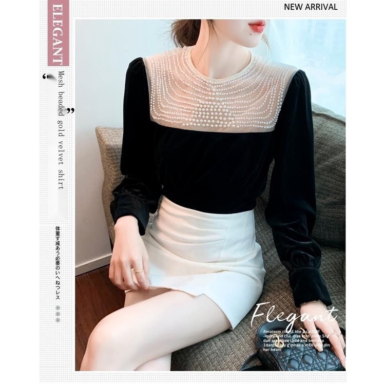 Áo Thun Tay Dài Vải Nhung Đính Hạt Vàng Phong Cách Châu Âu Thời Trang Mùa Thu 2023 Cho Nữ