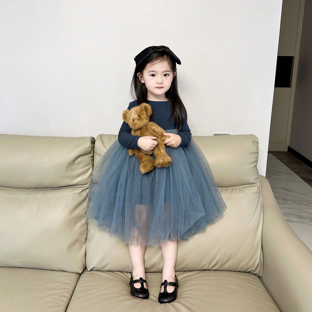 Đầm Công Chúa Tay Dài Phồng Phối Lưới Mềm Thời Trang Mùa Thu 2023 Cho Bé Gái