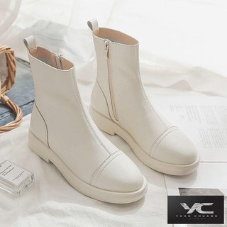& C ~ Giày Bốt martin Ngắn Gót Dày Mũi Tròn Bằng Da Mềm Mỏng Màu Be Thời Trang Thu Đông Mới Cho Nữ