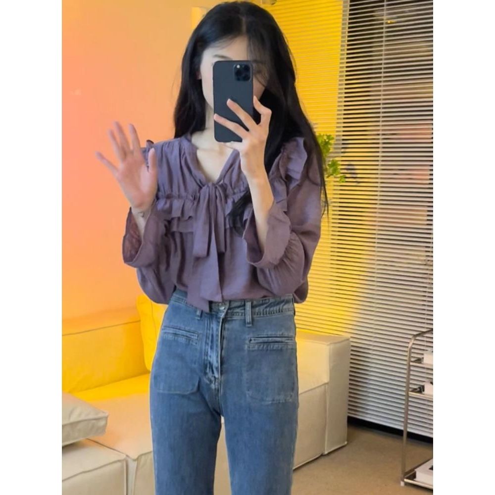 Áo Sơ Mi Phối Bèo Màu Trơn Phong Cách Pháp Cổ Điển Thời Trang Mùa Thu Cho Nữ