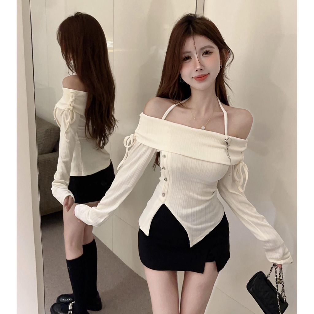 Áo Thun Dài Tay Lệch Vai Phong Cách Đơn Giản Quyến Rũ Dành Cho Nữ