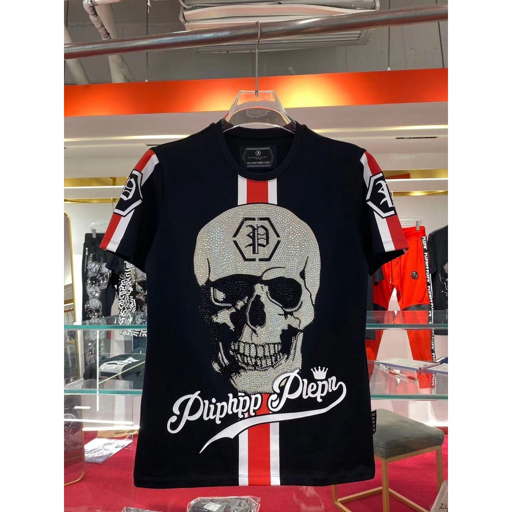 Philipp Plein Áo Thun Ngắn Tay Cổ Tròn In Hình Đầu Lâu Phong Cách Đường Phố Nhật Bản Cá Tính