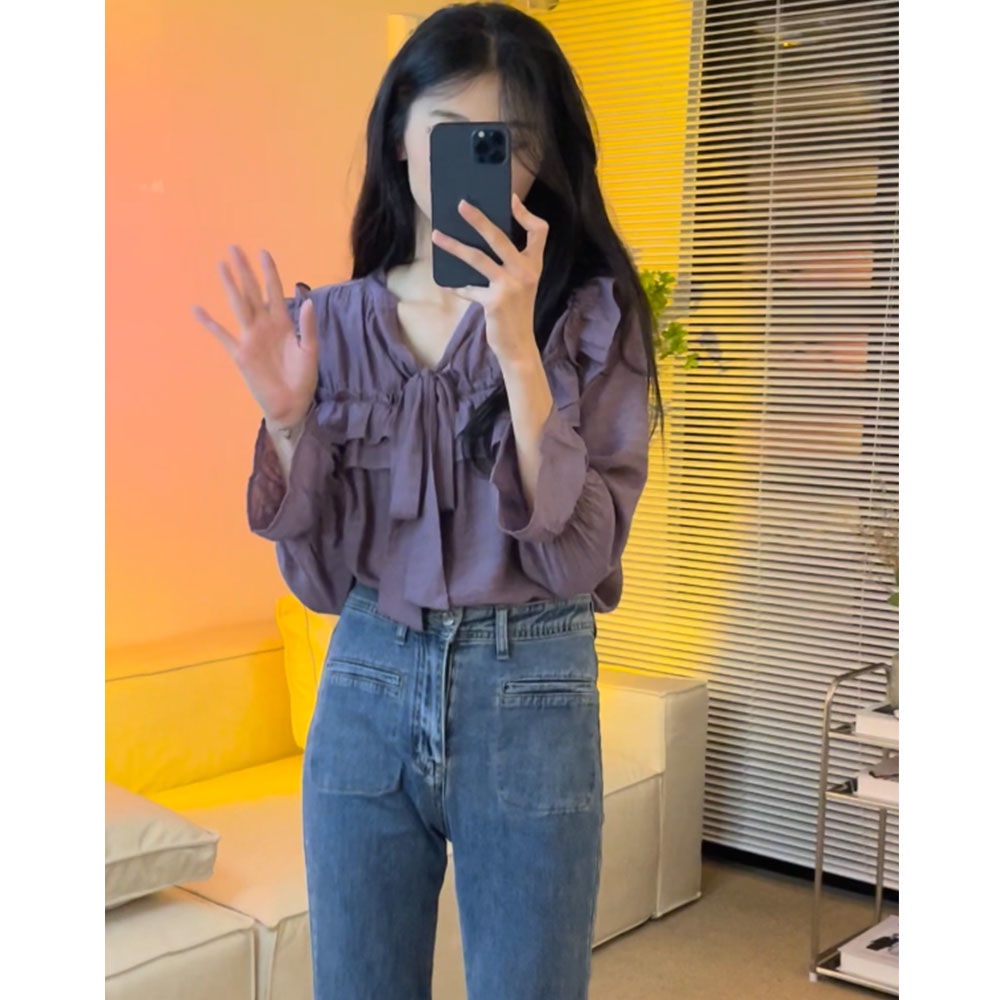 Áo Sơ Mi Phối Bèo Màu Trơn Phong Cách Pháp Cổ Điển Thời Trang Mùa Thu Cho Nữ