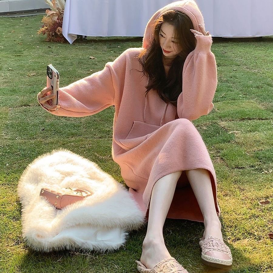 Đầm sweater Có Mũ Trùm Dáng Rộng Phong Cách Hàn Quốc Thời Trang Thu Đông Hàng Mới 2023