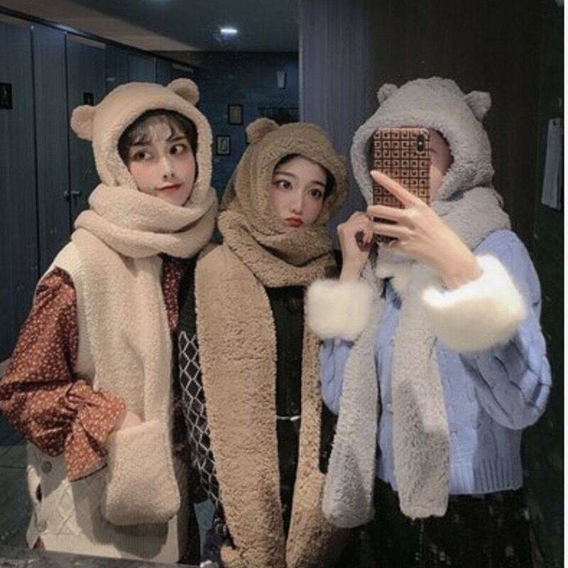 Mũ Trùm Đầu Kèm Khăn Choàng Cổ Và Găng Tay Lông Xù Giữ Ấm Mùa Thu Đông Phong Cách Hàn Quốc Dễ Thương Dành Cho