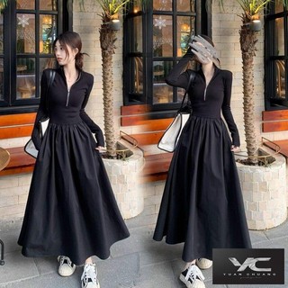 & C ~ Đầm Xòe Chữ a Tay Dài Có Khóa Kéo Màu Đen Phong Cách hepburn Đơn Giản Cho Nữ
