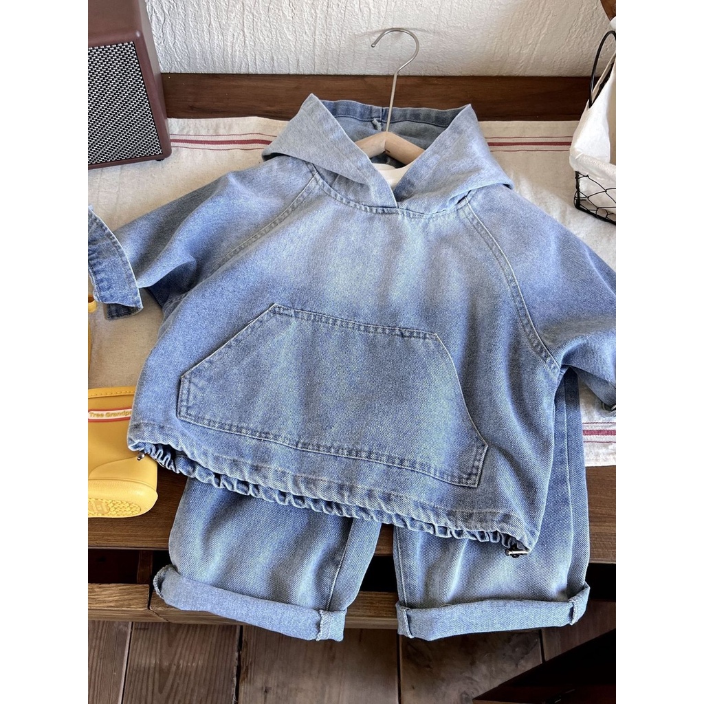 Bộ Áo Khoác Jean Có Nón + Quần jeans Dài Thời Trang Hàn Quốc Cho Bé