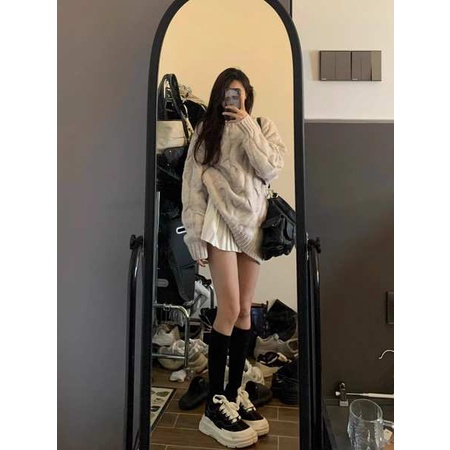 Áo len nữ kiểu áo len nữ hàn quốc Lazy Wind rộng thùng thình màu xoắn trùm đầu áo len nữ mùa thu đông mới cao cấp cảm giác trung bình dài vòng cổ đan áo