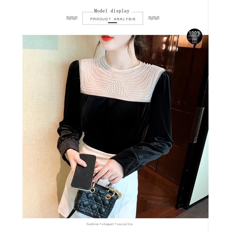 Áo Thun Tay Dài Vải Nhung Đính Hạt Vàng Phong Cách Châu Âu Thời Trang Mùa Thu 2023 Cho Nữ