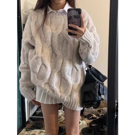 Áo len nữ kiểu áo len nữ hàn quốc Lazy Wind rộng thùng thình màu xoắn trùm đầu áo len nữ mùa thu đông mới cao cấp cảm giác trung bình dài vòng cổ đan áo