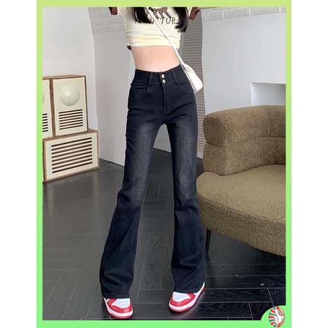 quần ống loe jean nữ quần ống loe cạp cao Quần jean màu xám đen, kiểu dáng mới nhất của Xuân Thu, eo cao, chân rộng, quần ống loa.