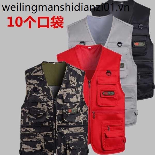 Áo Vest Nam Trung Niên Mùa Xuân Mùa Hè Mỏng Lưới Nhiều Túi Áo Chụp Ảnh Thường Ngày Câu Cá Áo Vest Đỏ Bố Áo Khoác