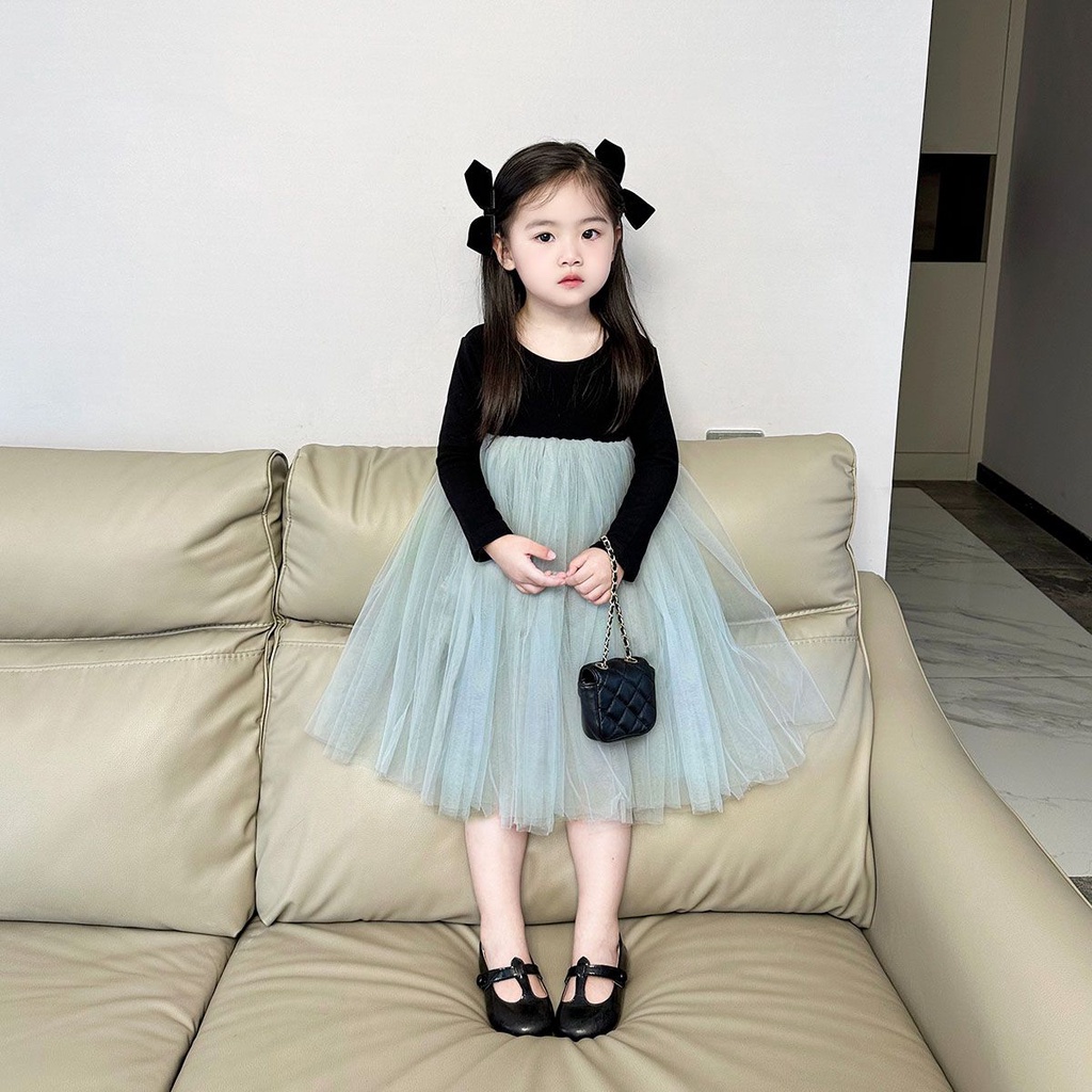 Đầm Công Chúa Tay Dài Phồng Phối Lưới Mềm Thời Trang Mùa Thu 2023 Cho Bé Gái