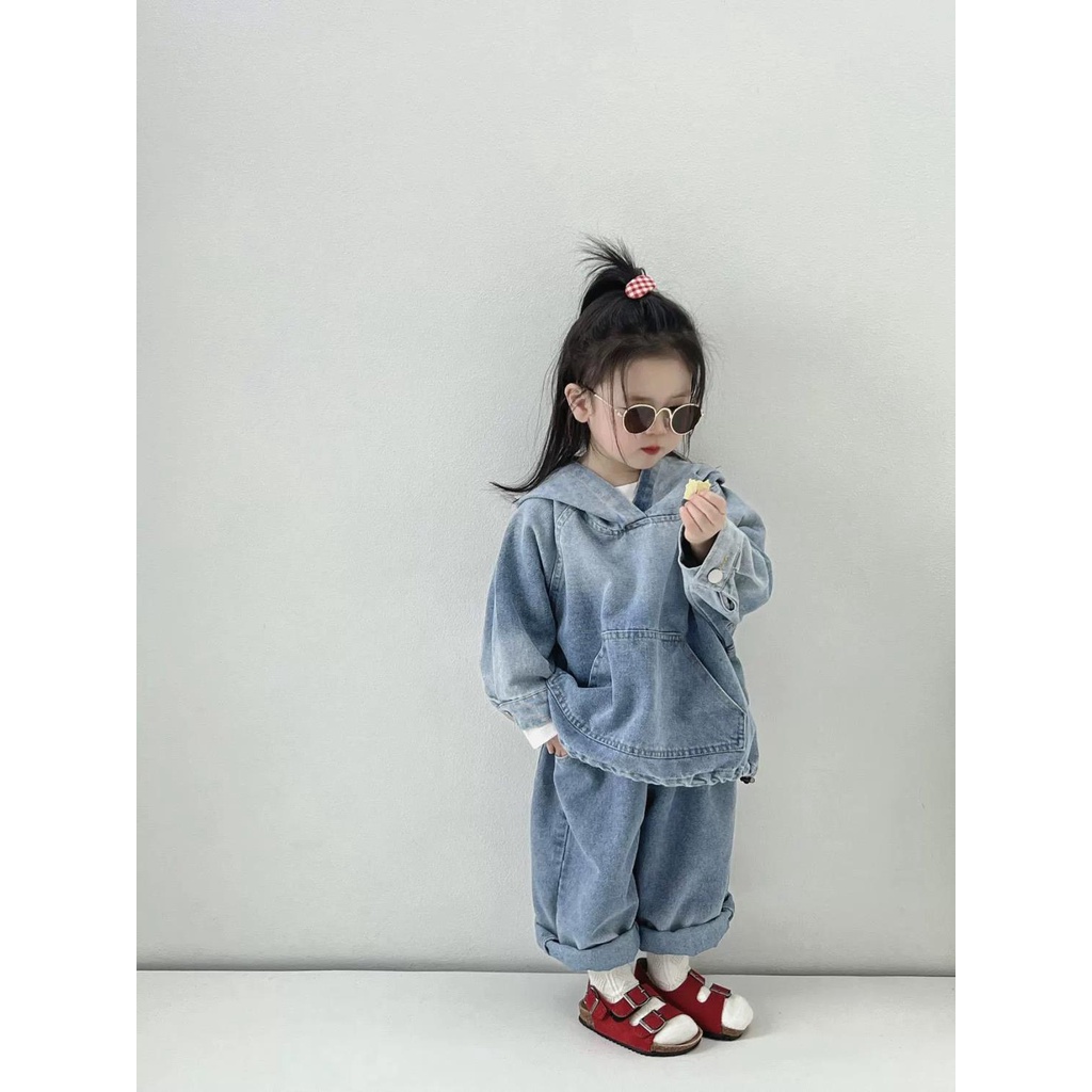 Bộ Áo Khoác Jean Có Nón + Quần jeans Dài Thời Trang Hàn Quốc Cho Bé