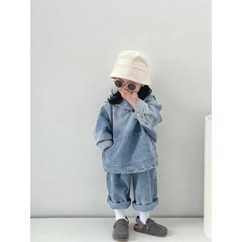 Bộ Áo Khoác Jean Có Nón + Quần jeans Dài Thời Trang Hàn Quốc Cho Bé