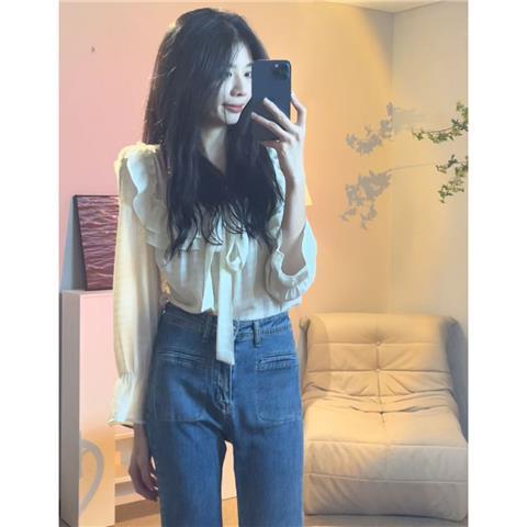 Áo Sơ Mi Phối Bèo Màu Trơn Phong Cách Pháp Cổ Điển Thời Trang Mùa Thu Cho Nữ