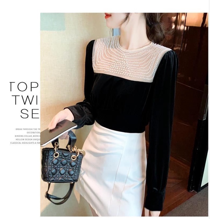 Áo Thun Tay Dài Vải Nhung Đính Hạt Vàng Phong Cách Châu Âu Thời Trang Mùa Thu 2023 Cho Nữ