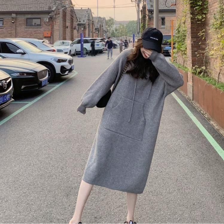 Đầm sweater Có Mũ Trùm Dáng Rộng Phong Cách Hàn Quốc Thời Trang Thu Đông Hàng Mới 2023
