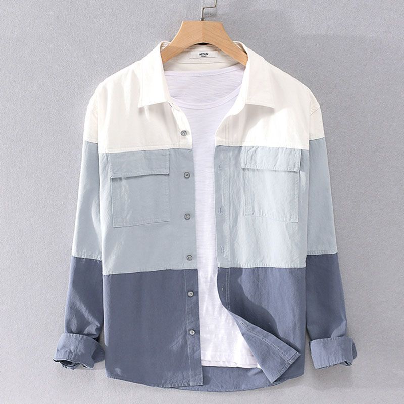 Áo Sơ Mi 100% cotton Dáng Rộng Màu Sắc Tương Phản Phong Cách Nhật Bản Thời Trang Xuân Thu Cho Nam Giới