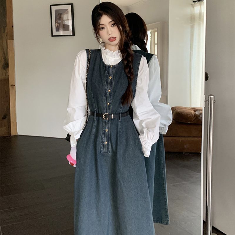 Mới Set Áo Sơ Mi Tay Dài + Đầm Yếm denim Phong Cách Châu Âu Thời Trang Cho Nữ