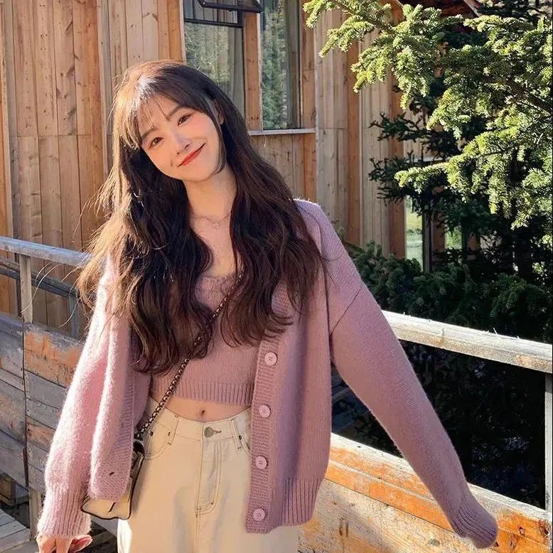 Uiowoo Áo Khoác sweater Dệt Kim Màu Trơn Phong Cách Lười Mùa Xuân Và Mùa Thu Dáng Rộng Ngọt Ngào Cho Nữ