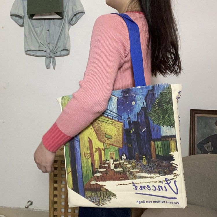 Ch t L Ng T I tote canvas Họa Tiết Tranh Sơn Dầu van gogh Chính Hãng Có Khóa Kéo Một Bên Vai Cho Học Sinh