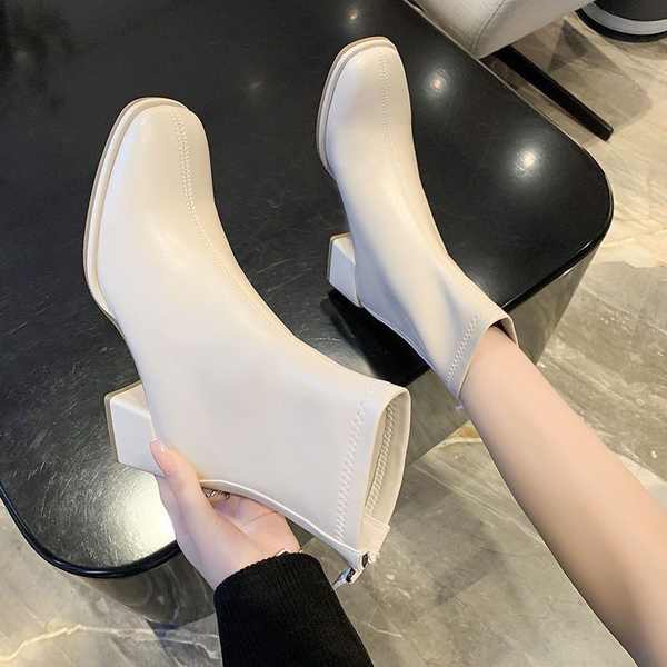 Giày Bốt Cao Gót Mũi Vuông Gót Dày Phối Khóa Kéo Phong Cách Hàn Quốc Thời Trang Thu Đông Mới 2023