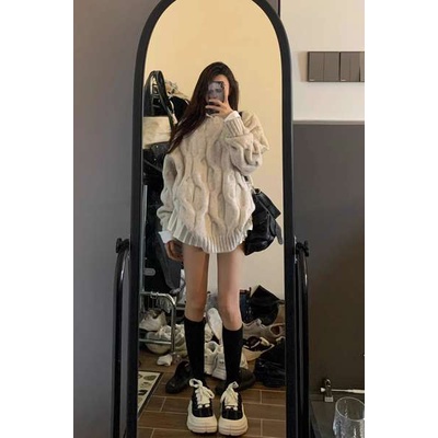 Áo len nữ kiểu áo len nữ hàn quốc Lazy Wind rộng thùng thình màu xoắn trùm đầu áo len nữ mùa thu đông mới cao cấp cảm giác trung bình dài vòng cổ đan áo