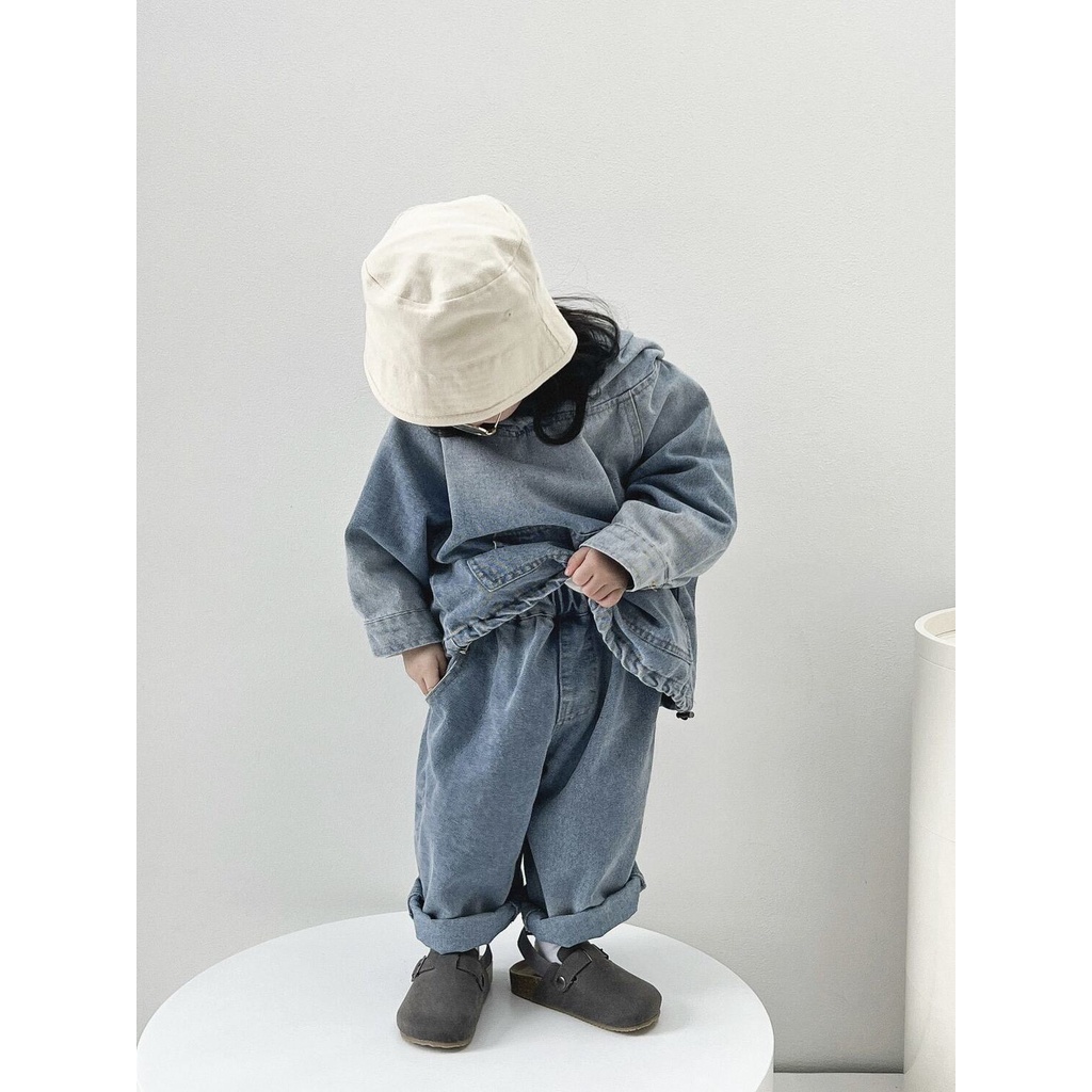 Bộ Áo Khoác Jean Có Nón + Quần jeans Dài Thời Trang Hàn Quốc Cho Bé