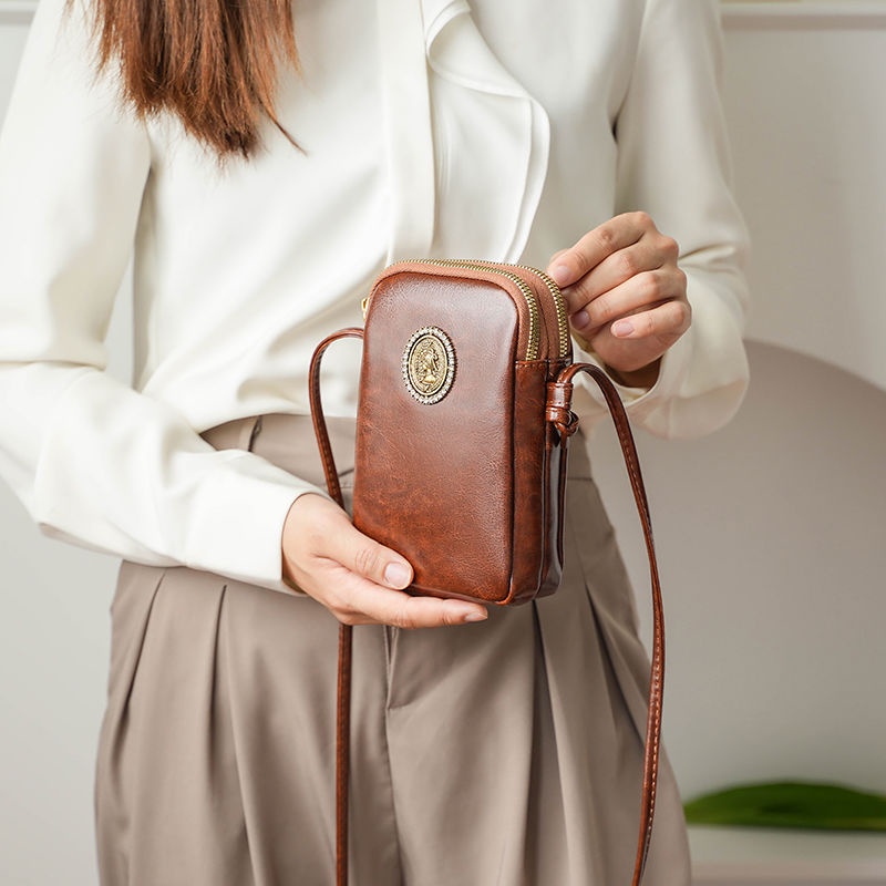 Túi Đeo Chéo Da Bò Nhiều Ngăn Đựng Điện Thoại Phong Cách retro Cho Nữ one