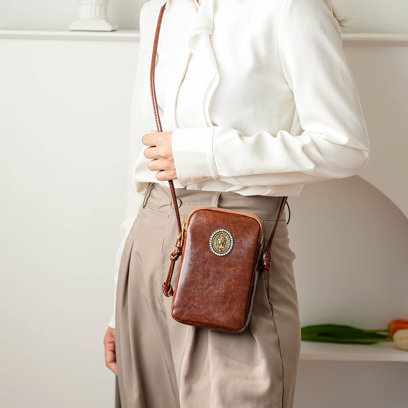 Túi Đeo Chéo Da Bò Nhiều Ngăn Đựng Điện Thoại Phong Cách retro Cho Nữ one