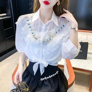 Tay ngắn dơi thiết kế áo sơ mi công nghiệp nặng kim cương áo sơ mi chống nắng áo sơ mi cổ áo phồng tay voan ve áo
