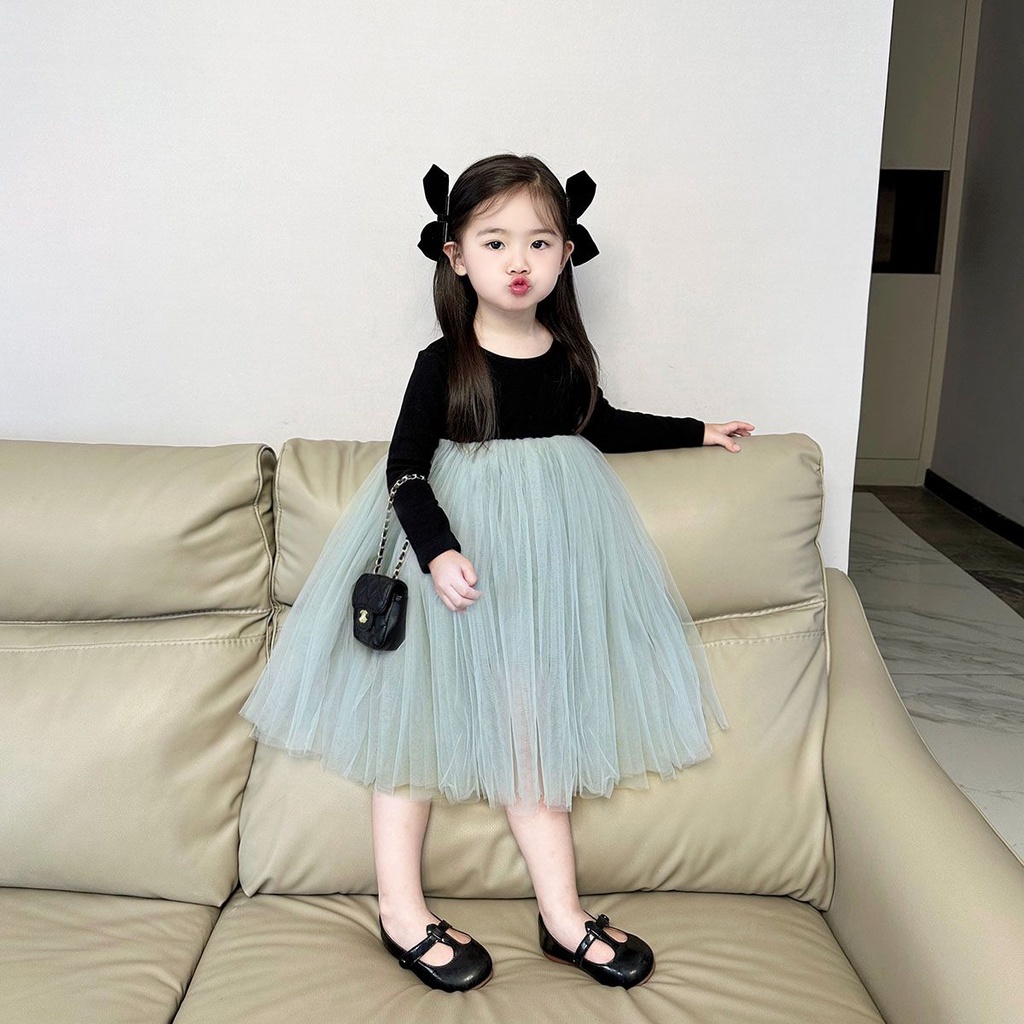 Đầm Công Chúa Tay Dài Phồng Phối Lưới Mềm Thời Trang Mùa Thu 2023 Cho Bé Gái