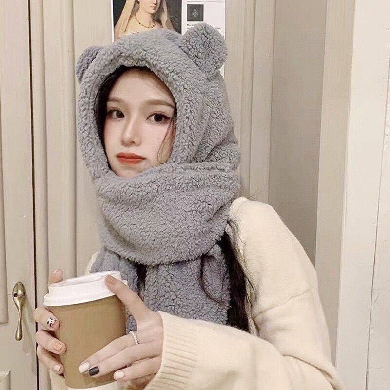 Mũ Trùm Đầu Kèm Khăn Choàng Cổ Và Găng Tay Lông Xù Giữ Ấm Mùa Thu Đông Phong Cách Hàn Quốc Dễ Thương Dành Cho