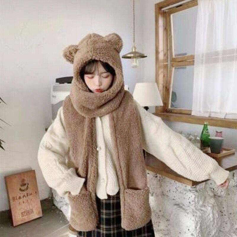 Mũ Trùm Đầu Kèm Khăn Choàng Cổ Và Găng Tay Lông Xù Giữ Ấm Mùa Thu Đông Phong Cách Hàn Quốc Dễ Thương Dành Cho