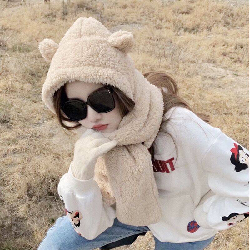 Mũ Trùm Đầu Kèm Khăn Choàng Cổ Và Găng Tay Lông Xù Giữ Ấm Mùa Thu Đông Phong Cách Hàn Quốc Dễ Thương Dành Cho