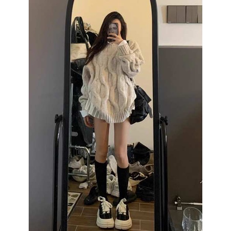 Áo len nữ kiểu áo len nữ hàn quốc Lazy Wind rộng thùng thình màu xoắn trùm đầu áo len nữ mùa thu đông mới cao cấp cảm giác trung bình dài vòng cổ đan áo