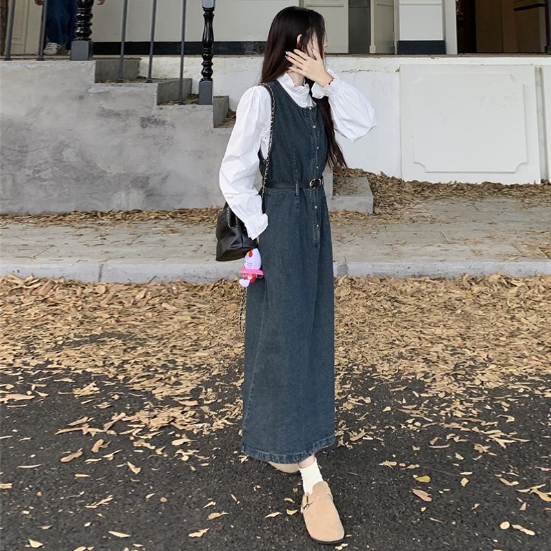 Mới Set Áo Sơ Mi Tay Dài + Đầm Yếm denim Phong Cách Châu Âu Thời Trang Cho Nữ