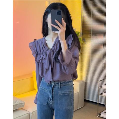 Áo Sơ Mi Phối Bèo Màu Trơn Phong Cách Pháp Cổ Điển Thời Trang Mùa Thu Cho Nữ