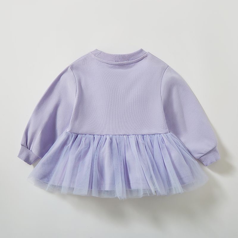 Đầm Bé Gái Tay Dài Phối Lưới Màu Tím Thời Trang Xuân Thu 2023 Mới