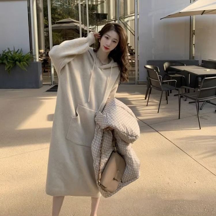 Đầm sweater Có Mũ Trùm Dáng Rộng Phong Cách Hàn Quốc Thời Trang Thu Đông Hàng Mới 2023