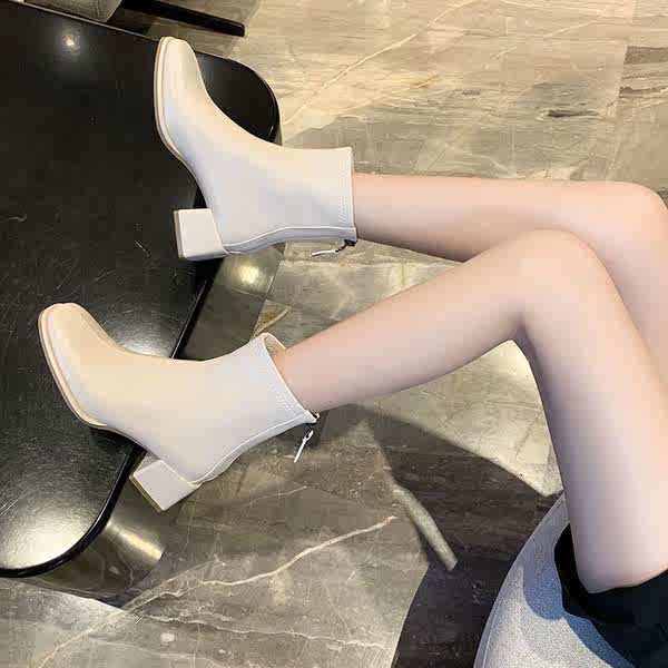 Giày Bốt Cao Gót Mũi Vuông Gót Dày Phối Khóa Kéo Phong Cách Hàn Quốc Thời Trang Thu Đông Mới 2023