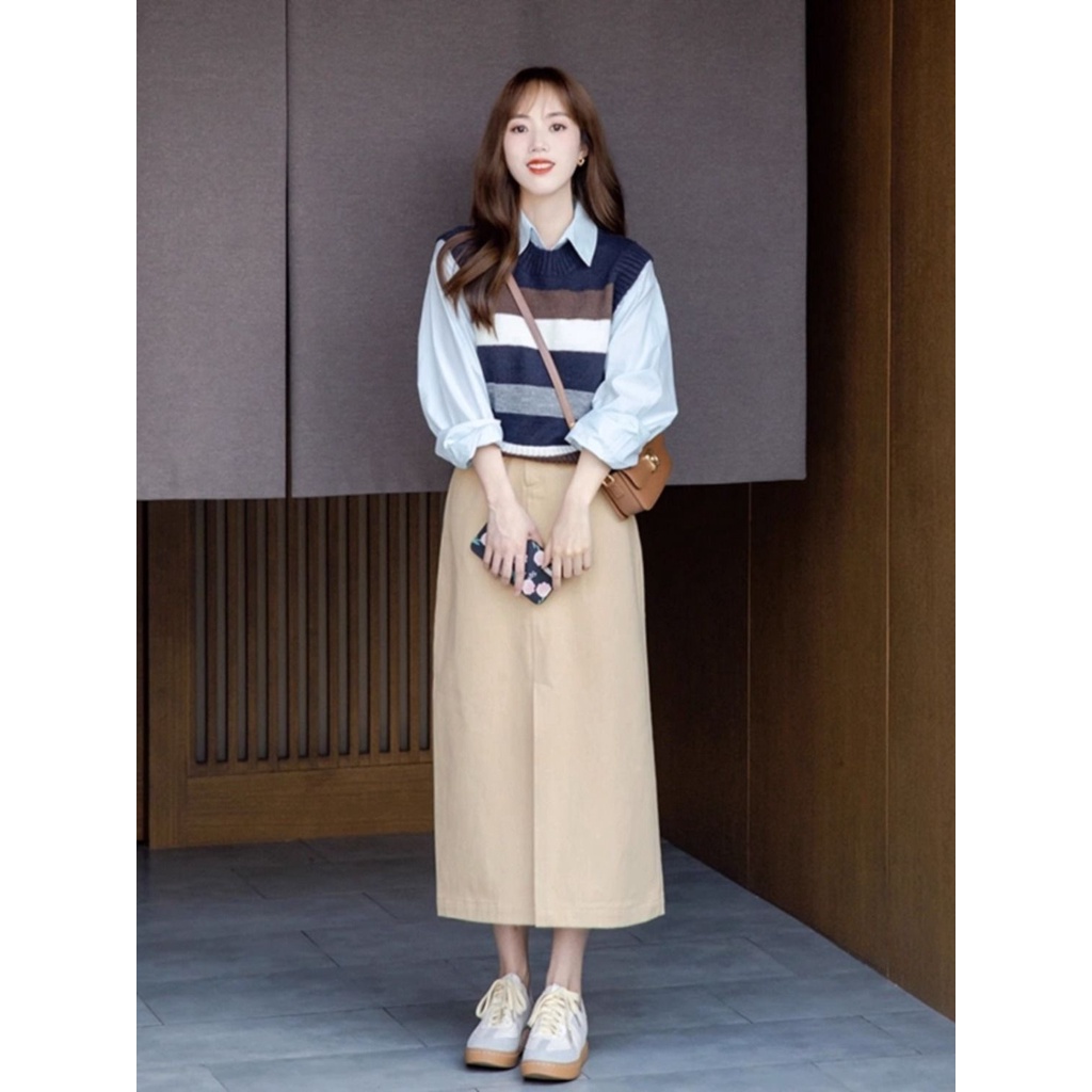 Mới Set Áo Sơ Mi Tay Dài + Váy Xẻ Tà + Áo Khoác Ghi Lê Phong Cách retro Thời Trang Cho Nữ