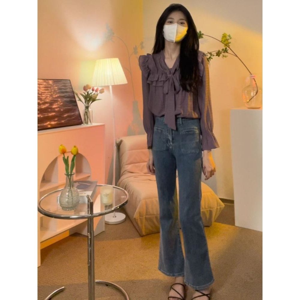 Áo Sơ Mi Phối Bèo Màu Trơn Phong Cách Pháp Cổ Điển Thời Trang Mùa Thu Cho Nữ