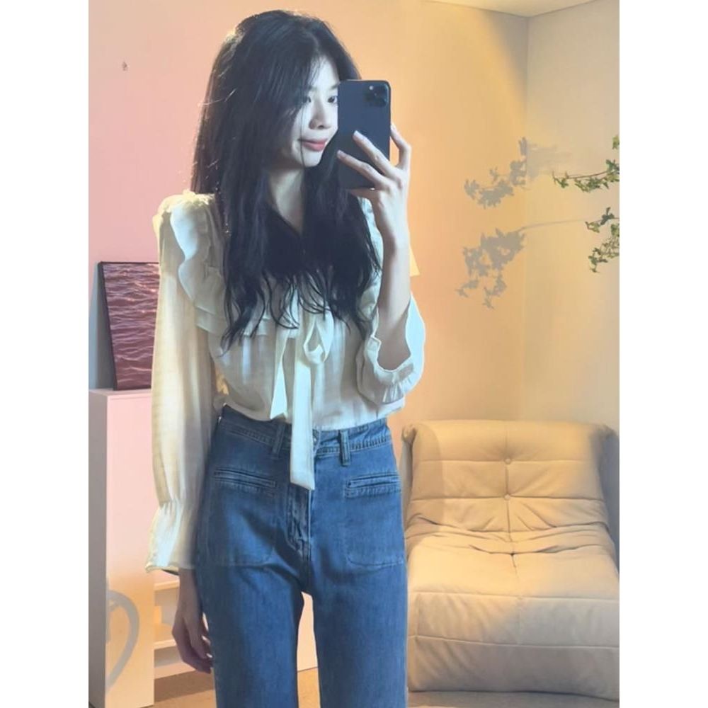 Áo Sơ Mi Phối Bèo Màu Trơn Phong Cách Pháp Cổ Điển Thời Trang Mùa Thu Cho Nữ