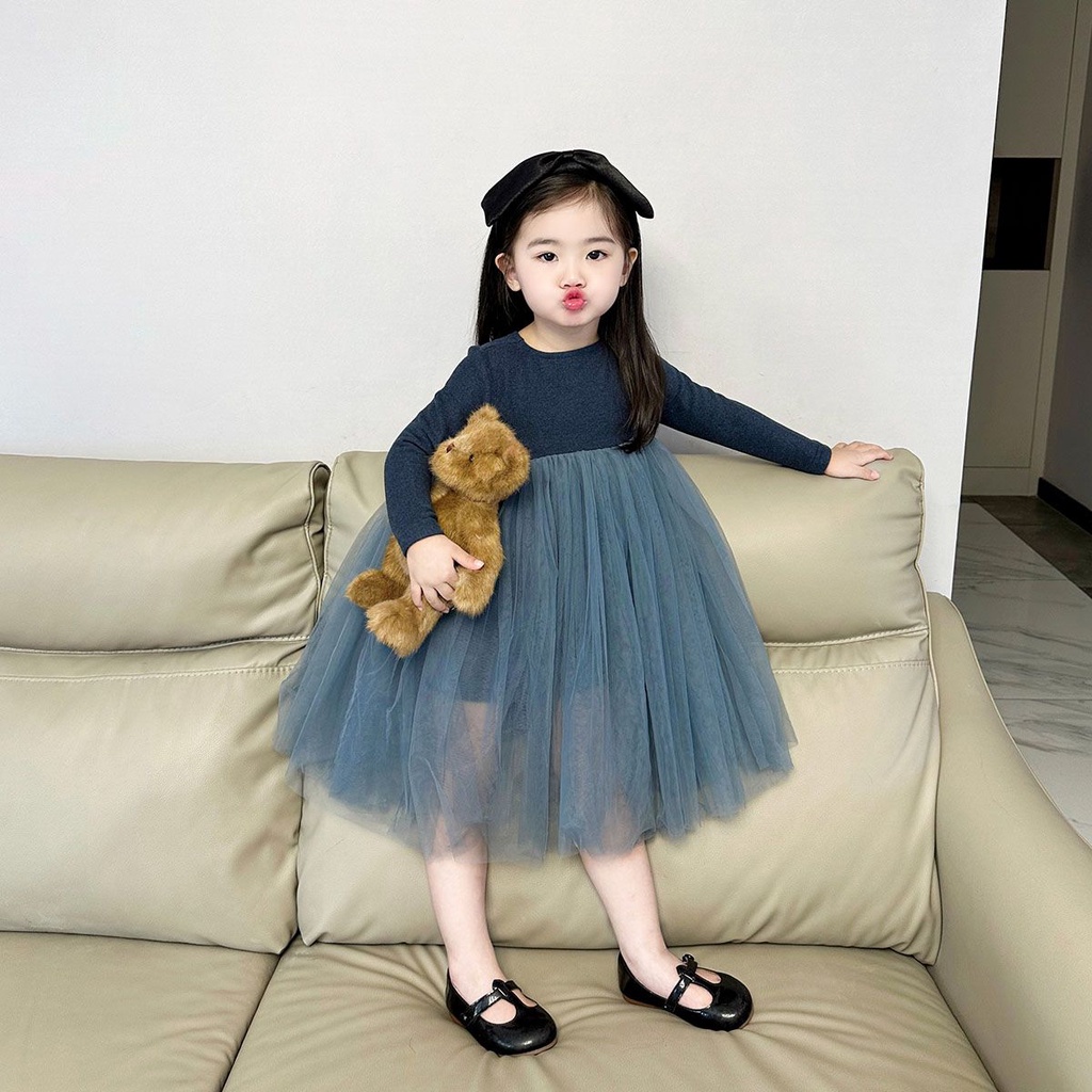 Đầm Công Chúa Tay Dài Phồng Phối Lưới Mềm Thời Trang Mùa Thu 2023 Cho Bé Gái